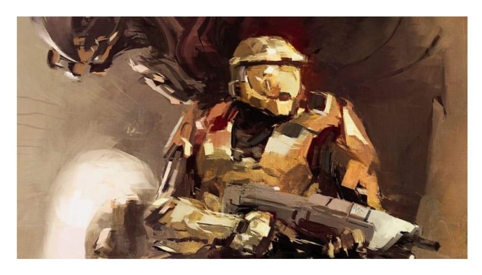 A poster for Halo 3.  Showing Ashley Wood's painted artwork of the Master Chief and the Arbiter, which was used in a poster, bundled in with copies of the game.