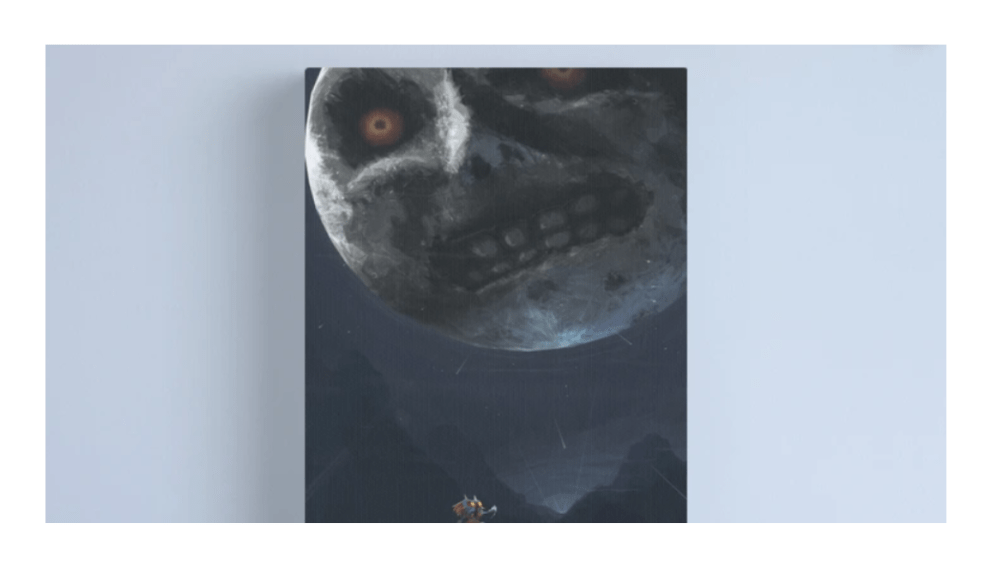 A poster of The Legend of Zelda: Majora's Mask. Showing Skull Kid talking to the anthromorphic moon, while shootingstars fall from the sky behind them.