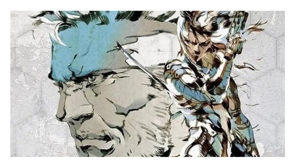 A poster for Metal Gear Solid 2: Sons of Liberty.  Featuring the original artwork from Yoji Shinkawa, of Solid Snake and Raiden in action poses on a white background. 