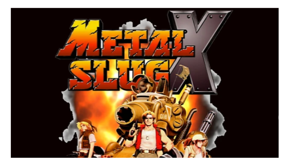 A black poster for the Metal Slug X title. Showing the multiple military-attire clad members of the group, with the Metal Slug tank parked behind them. 