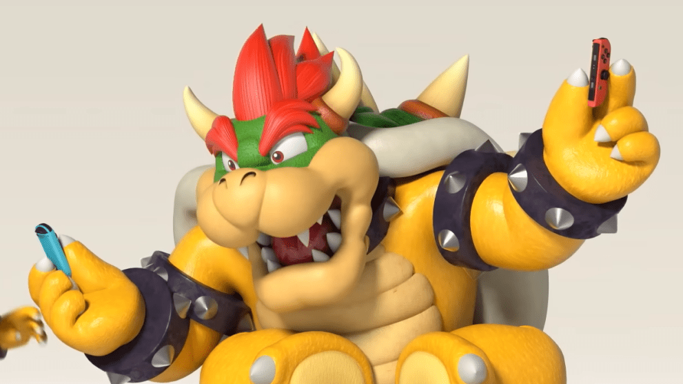 Bowser presenting a set of Nintendo Switch Joy Con controllers