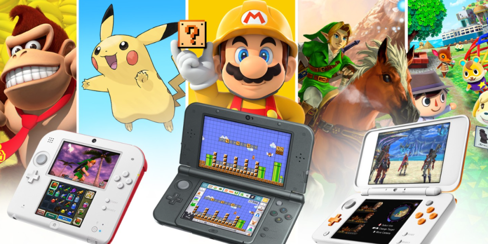 Donkey Kong, Pikachu, mario, Link, and various Animal Crossing charcaters line up behind the Nintendo 3DS family of systems.