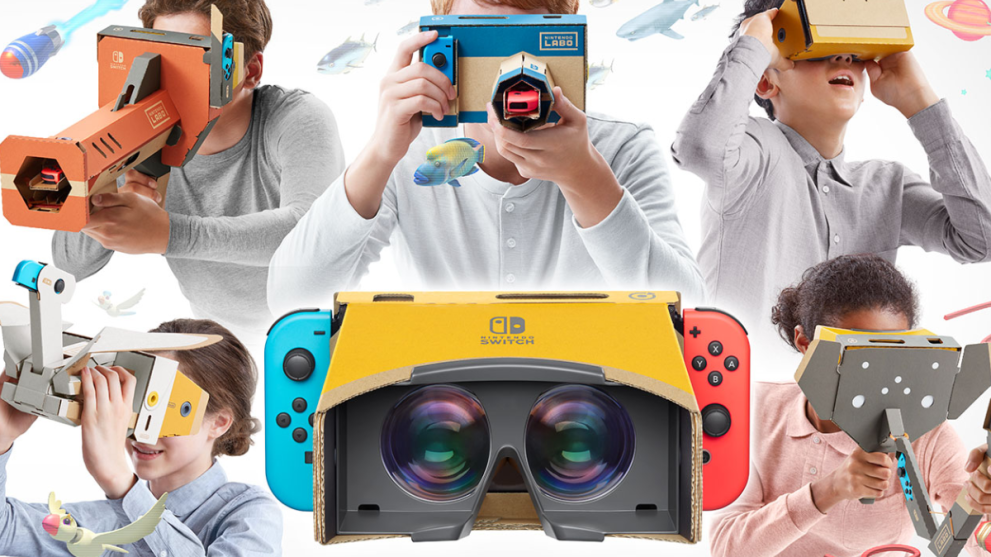 Multiple people in action poses, when playign witht he Nintendo LABO VR Kit.  The LABO VR headset piece sits in the middle of the image, with a Nintendo Switch console placed within.
