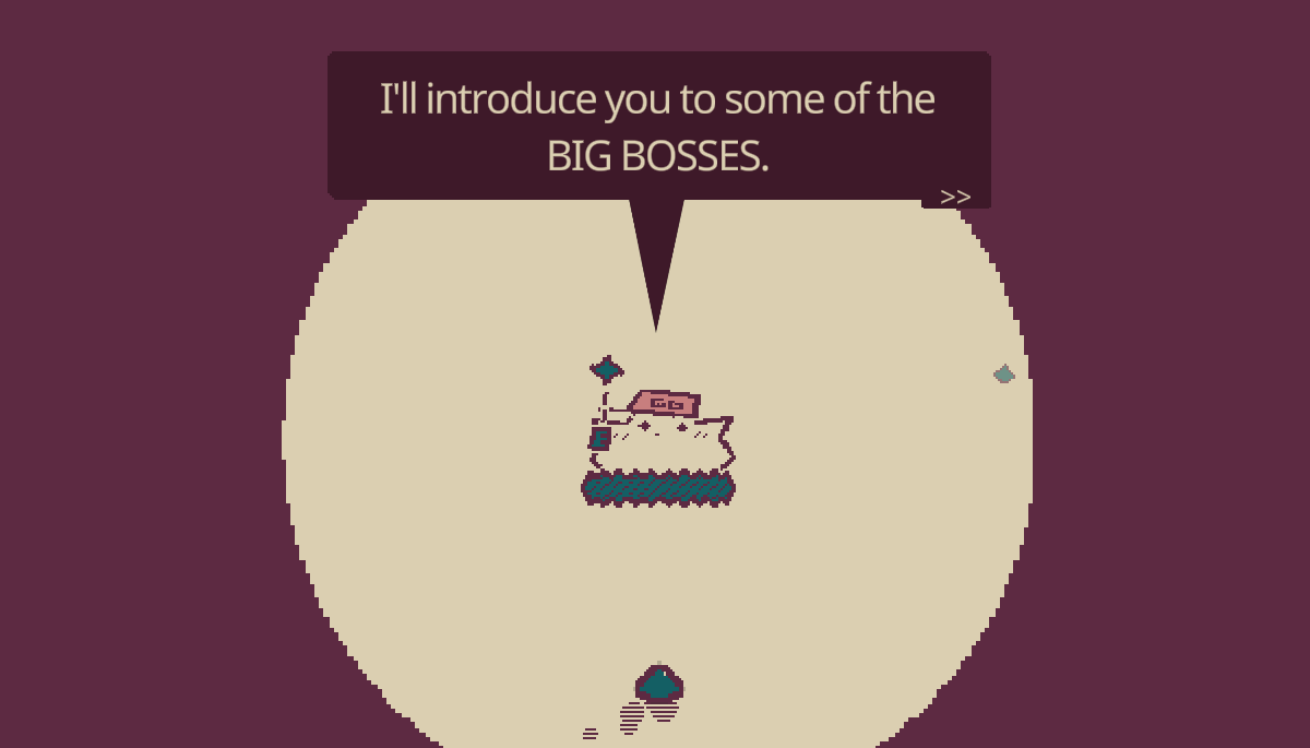 Ace speaks to the player character - a triangular spaceship - stating "I'll introduce you to some of the BIG BOSSES"