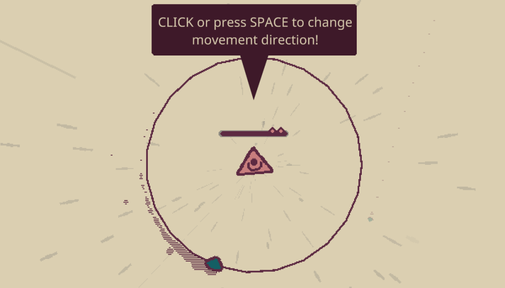 The triangular boss states to the player character, in a triangular spaceship, to "CLICK or press SPACE to chnage movement direction!"