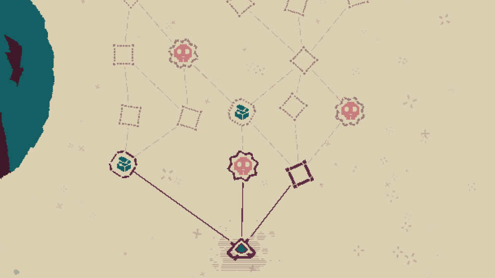 The player character in a spaceship is a t the bottom of the screen, with multiple branhcing paths of a roguelite challenge tree ahead of them.