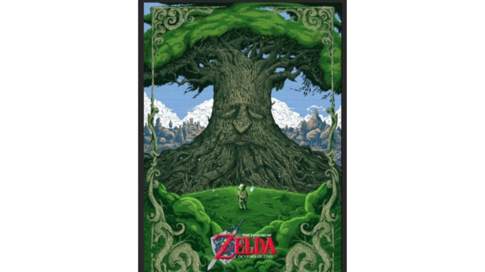 Legend of Zelda ocarina of time poster with link standing in front of the great deku tree