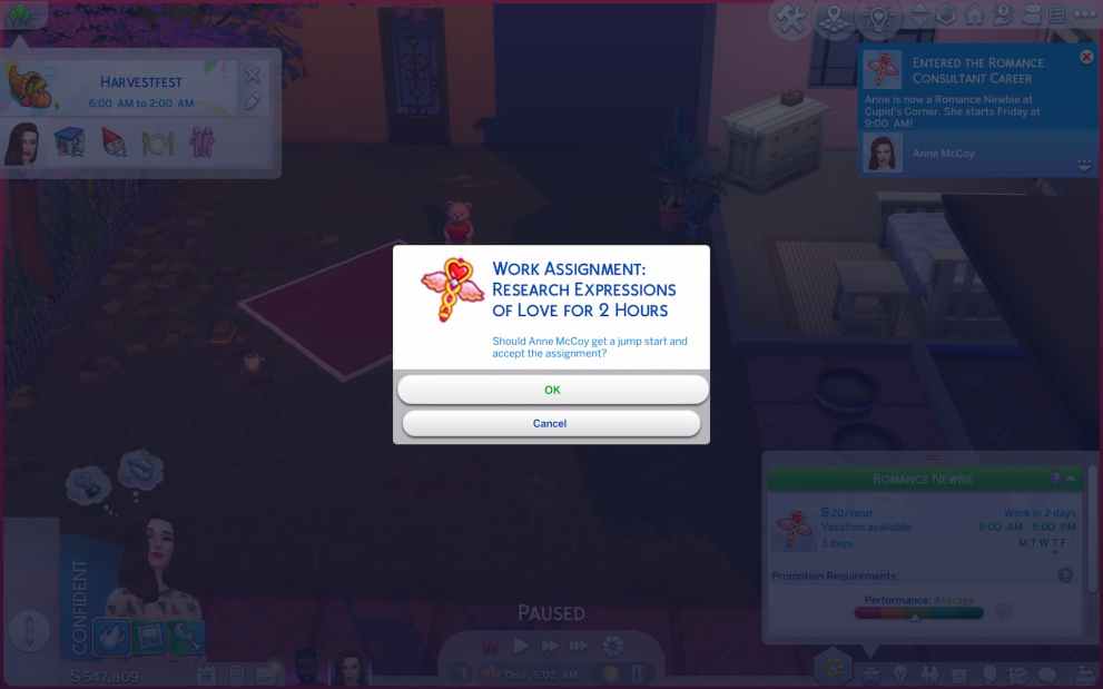 the work assessment screen for a romance consultant in sims 4