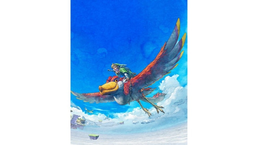 Legend of Zelda link riding on red loftwing in blue sky