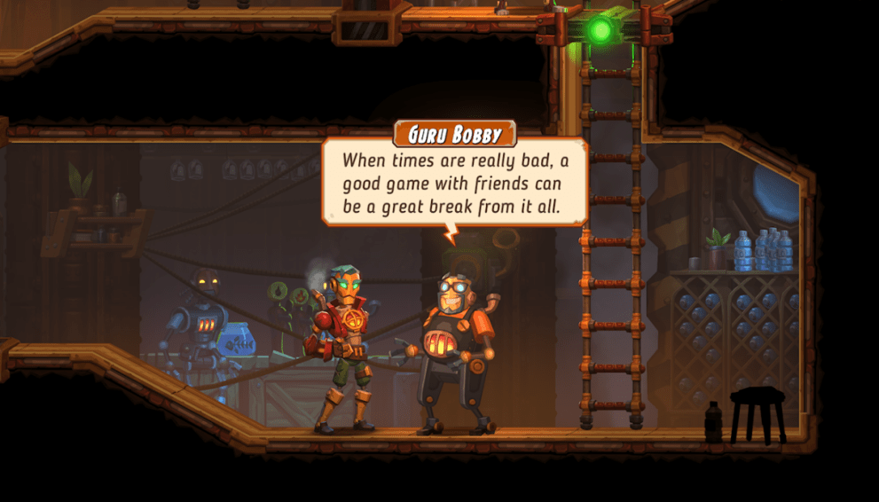 SteamWorld Heist II NPC 'Guru Bobby' provides some reassuring words to the player, in a saloon