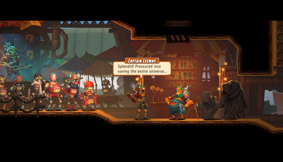 Captain Leeway, the protagonist of SteamWorld Heist II, listens speaks in a warmly lit bar.