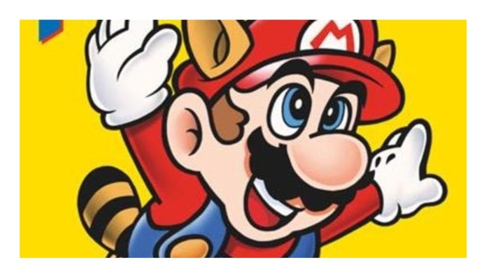 A poster for Super Mario Bros. 3.   Showing Mario, having been powered up by the Tanooki leaf, flying through the air. 