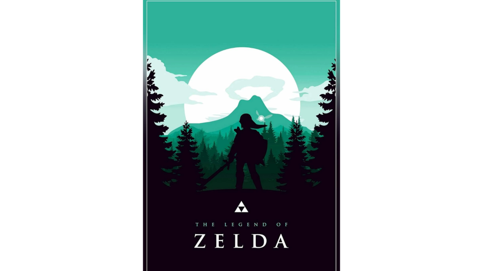 Black and green poster with black link silhouette holding sword facing mountains and moon