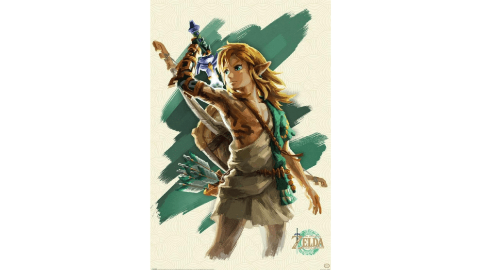 Legend of Zelda Tears of the Kingdom Link Poster pulling out master sword wearing robes