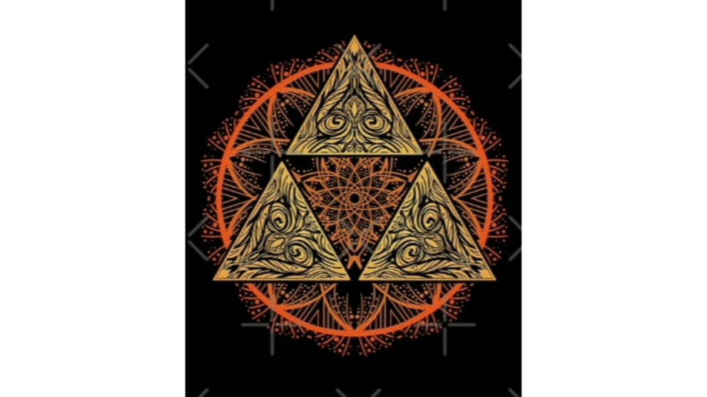 Legend of Zelda Triforce inspired Mandala with three triangles and Buddhist symbols