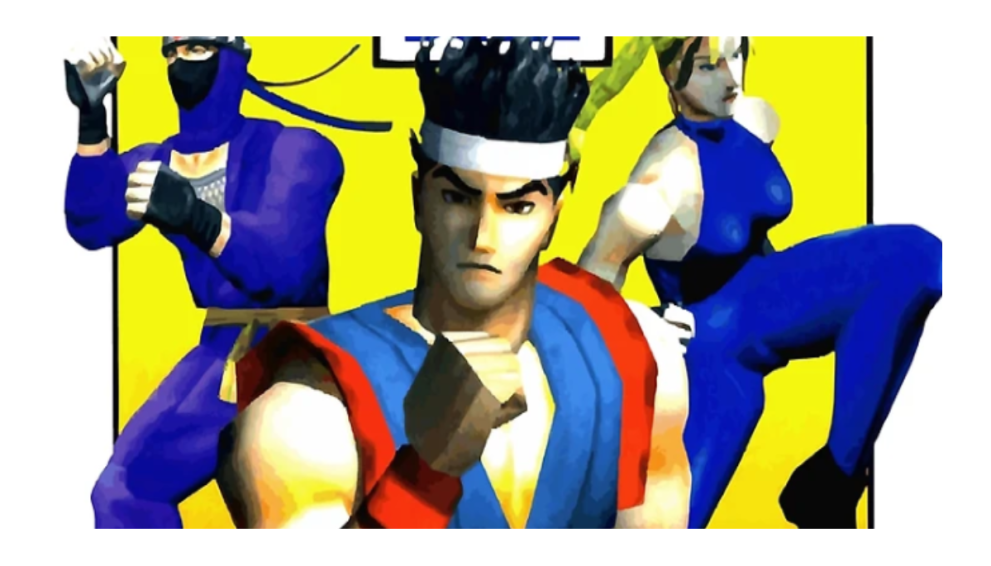 A white poster for Virtua Fighter, showing off three character models from the game - a ninja, a martial artist, and a gymnastic character. 