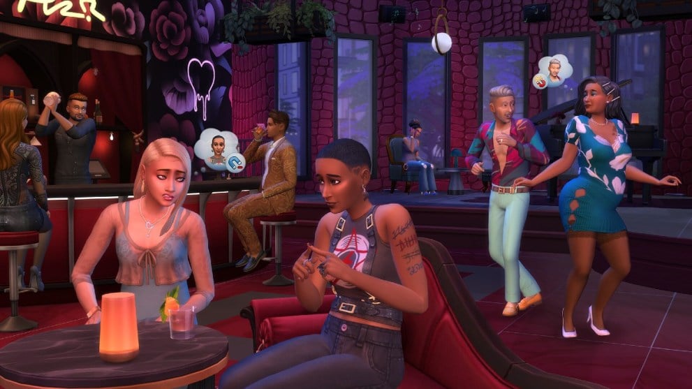 Characters at a bar in The Sims 4 Lovestruck.