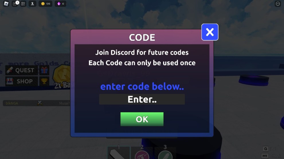 The code redemption screen in Allblox Battles.