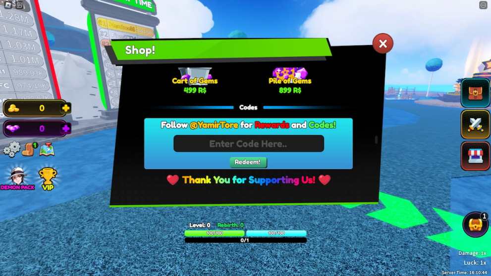 Code redemption menu in Anime Collide Roblox experience