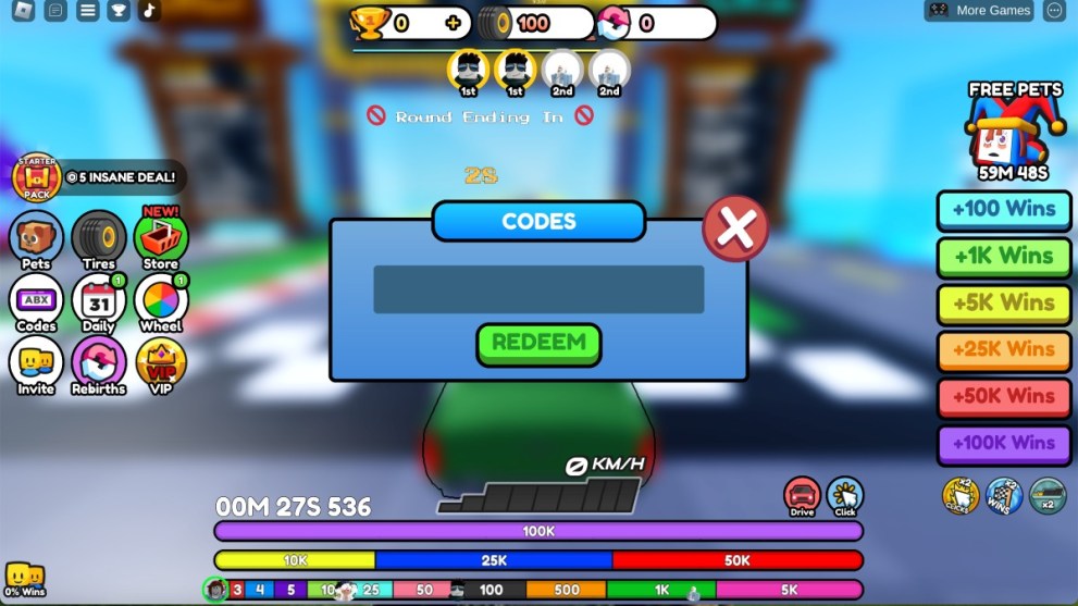 The code redemption screen in Car Race Clicker.