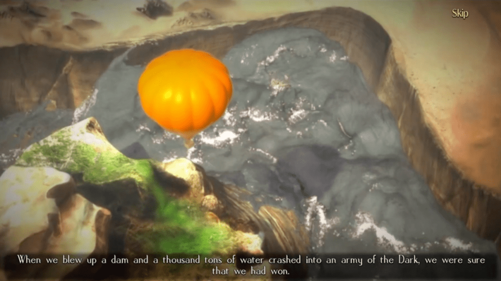 An orange hot air balloon falls from the sky past a river