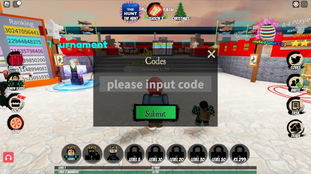 The code redemption screen in Demon Slayer Tower Defense Simulator.