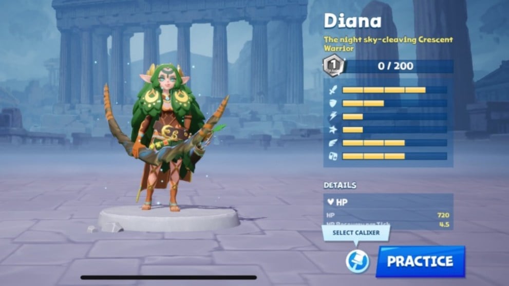 Schermata delle statistiche del personaggio DIANA Battle Crush