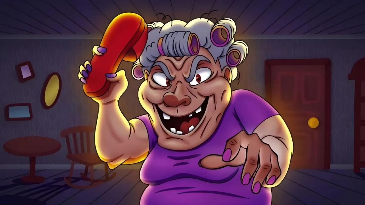 A granny holding a flip flop in Flip Flop Simulator