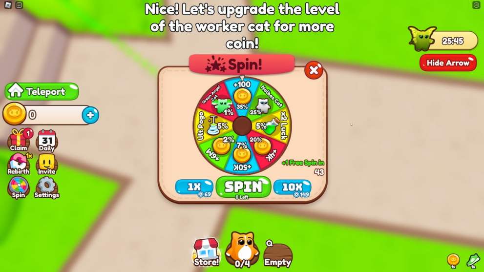 Free wheel spin menu in Kitty's Bakery Tycoon