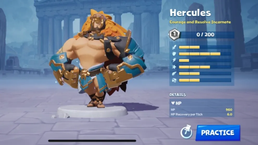 Schermata delle statistiche del personaggio di HERCULES battle crush
