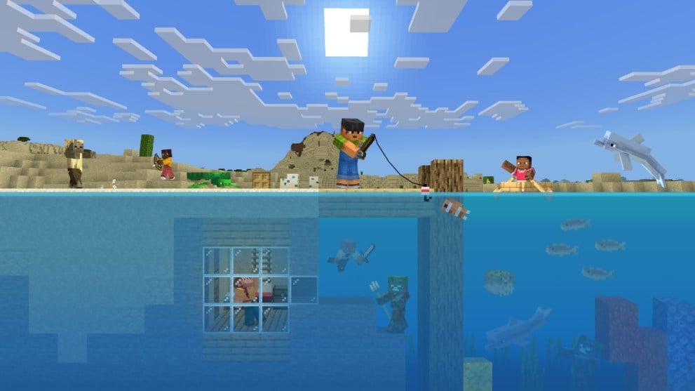 A Minecraft character fishing.