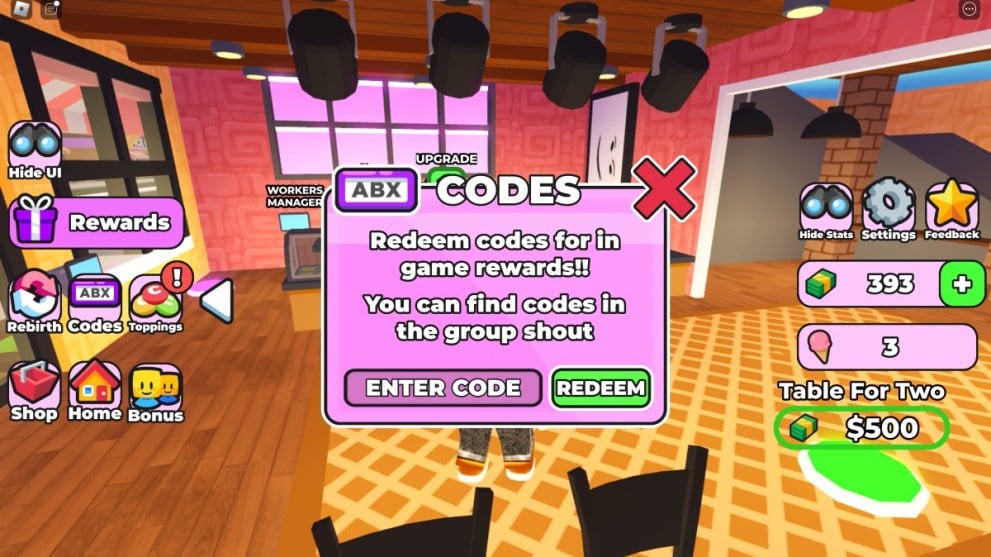 The code redemption screen in Ice Cream Shop Tycoon.