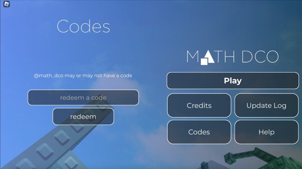 The code redemption page in Math Difficulty Chart Obby.