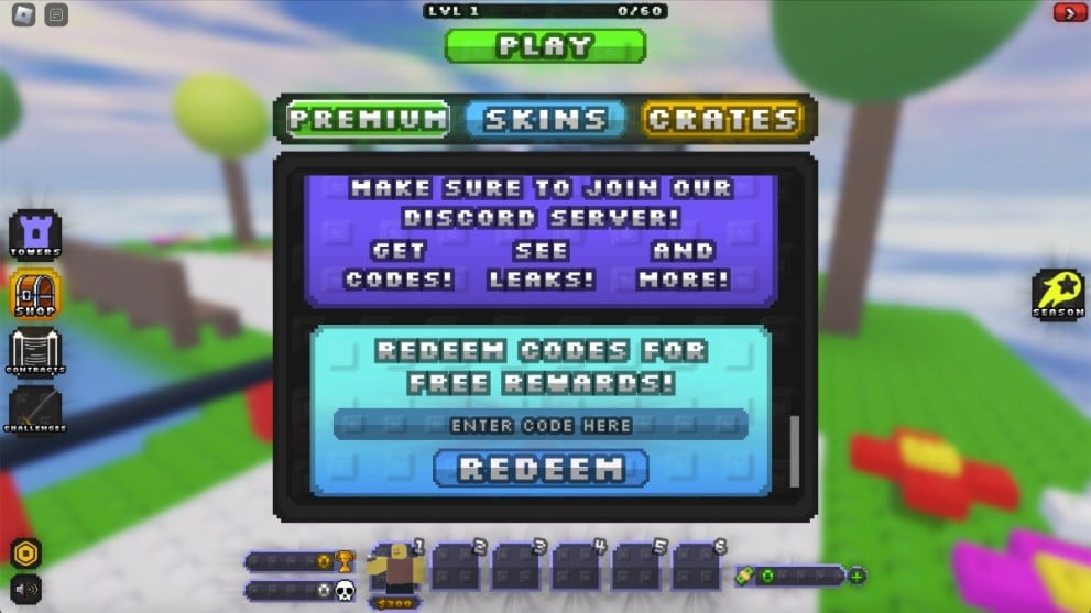 The code redemption screen in Noob Tower Defense.
