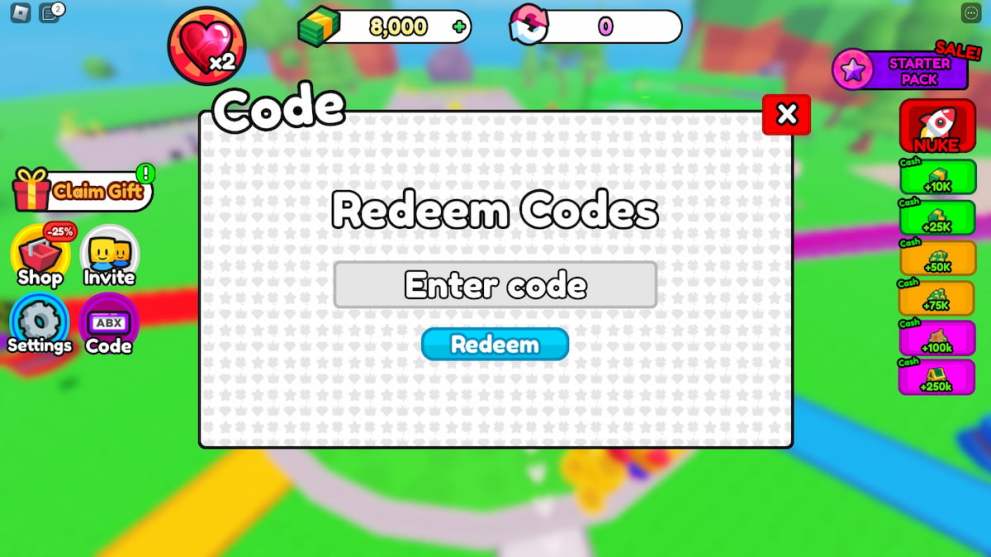 Code redemption menu in the Brawl Stars Tycoon Roblox experience