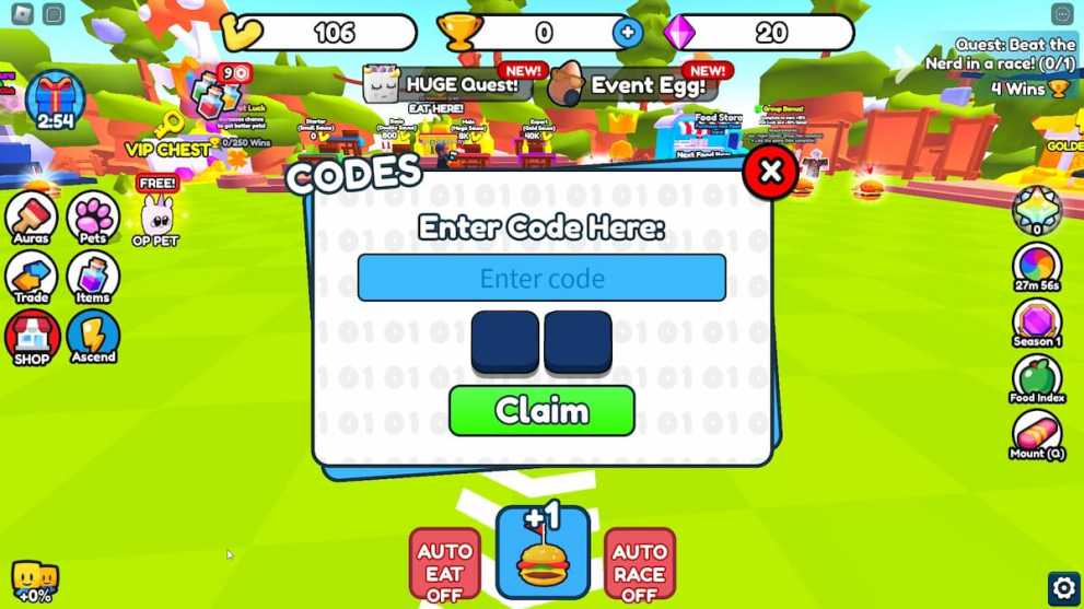 Codes redemption menu in the Fat Racer Roblox experience