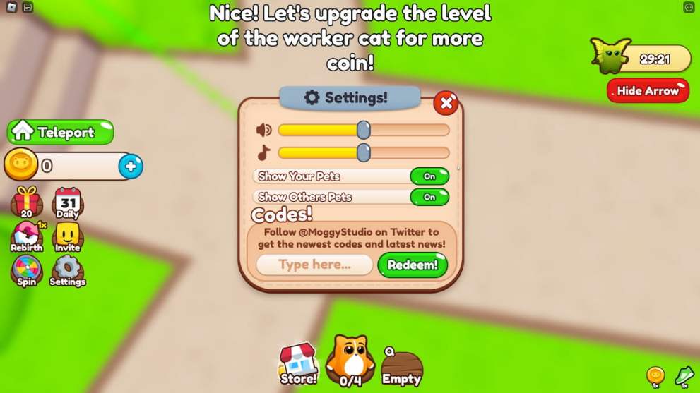 Code redemption menu in Kitty's Bakery Tycoon