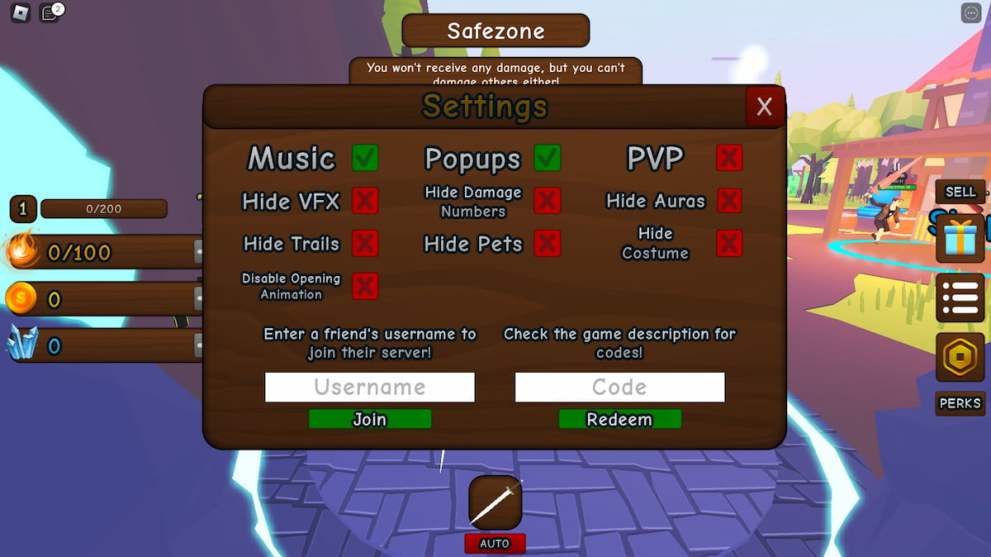 Code redemption menu in the Magic Blade Simulator Roblox experience