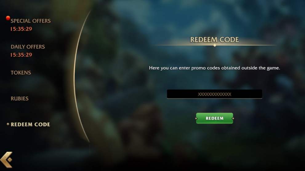 Code redemption menu in Minion Masters