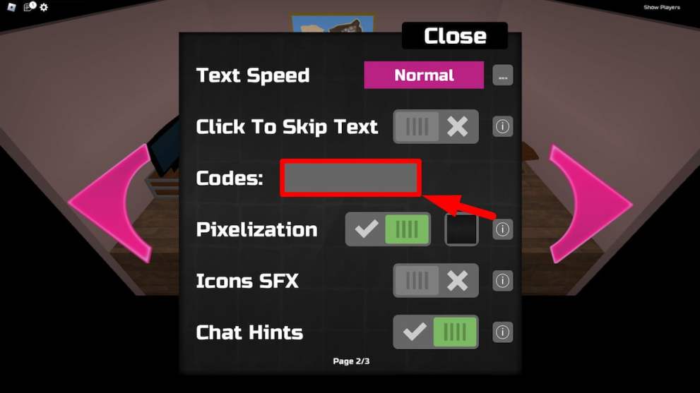 Codes redemption menu in the Project Renewal Reborn Roblox experience
