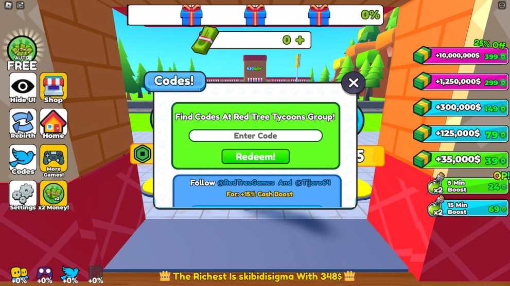 Code redemption menu in the Sandwich Tycoon Roblox experience