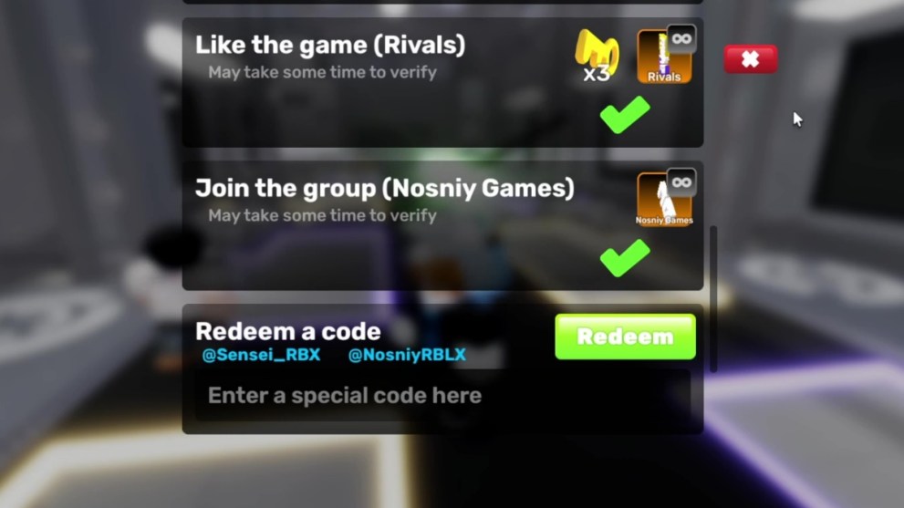 The menu to redeem Rivals codes in the Roblox game