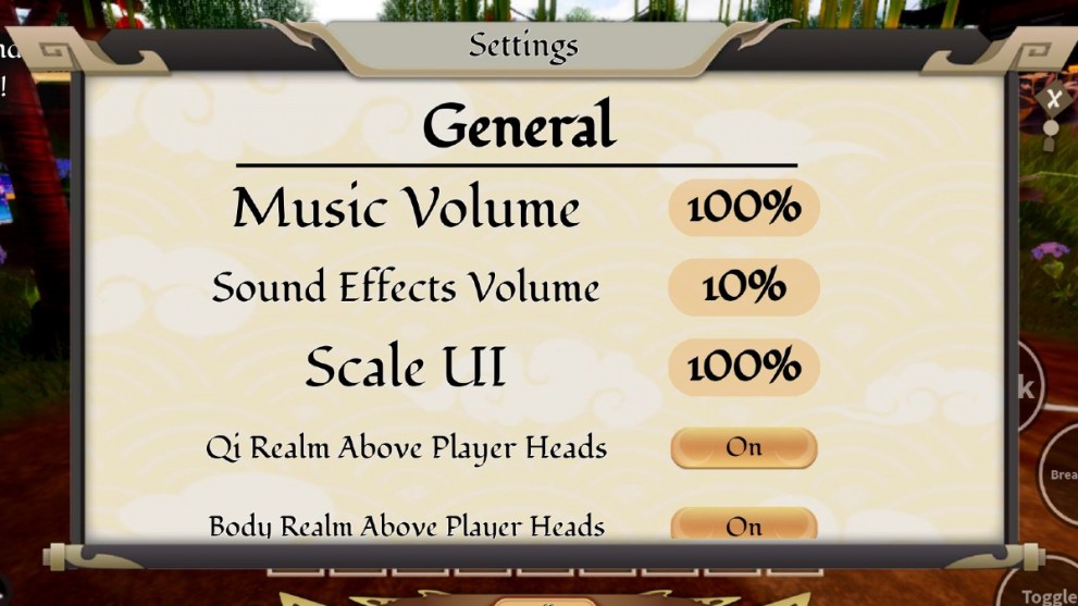 The Settings menu in Soul Cultivation.