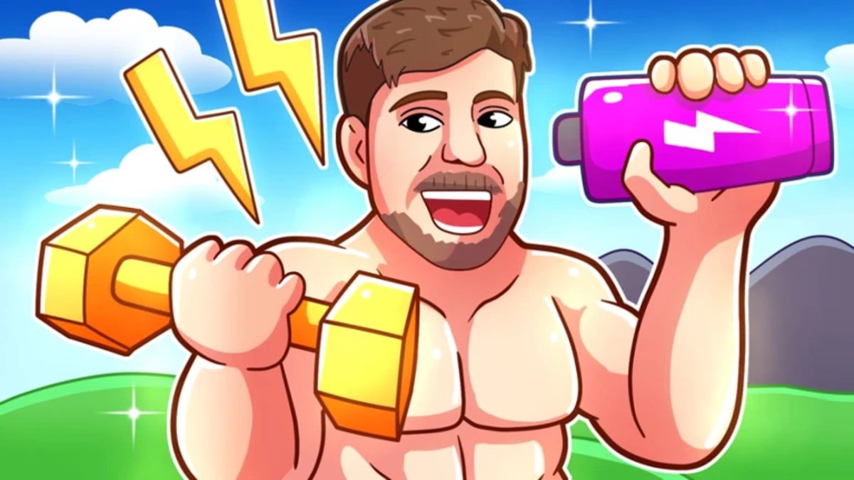 A strong Roblox character in Super Muscle Simulator.