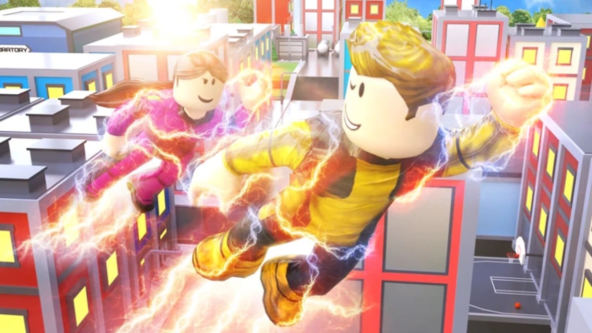 Two flying Roblox characters in Super Power Fighting Simulator.