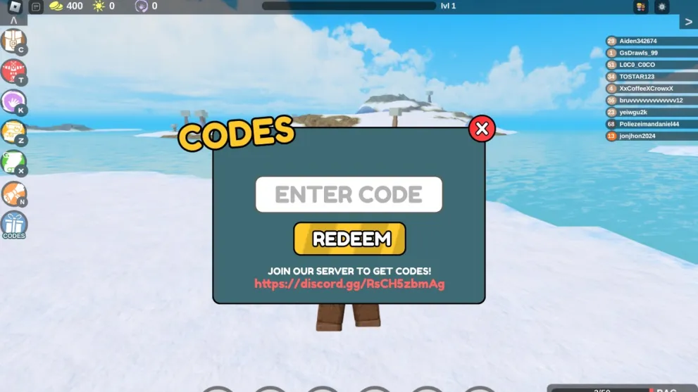 The code redemption screen in Survival Odyssey.