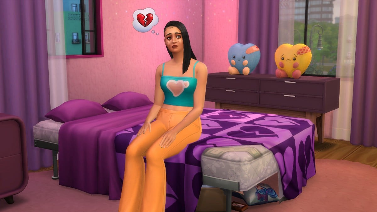 A Sim sat on a bed in Sims 4 lovestruck.