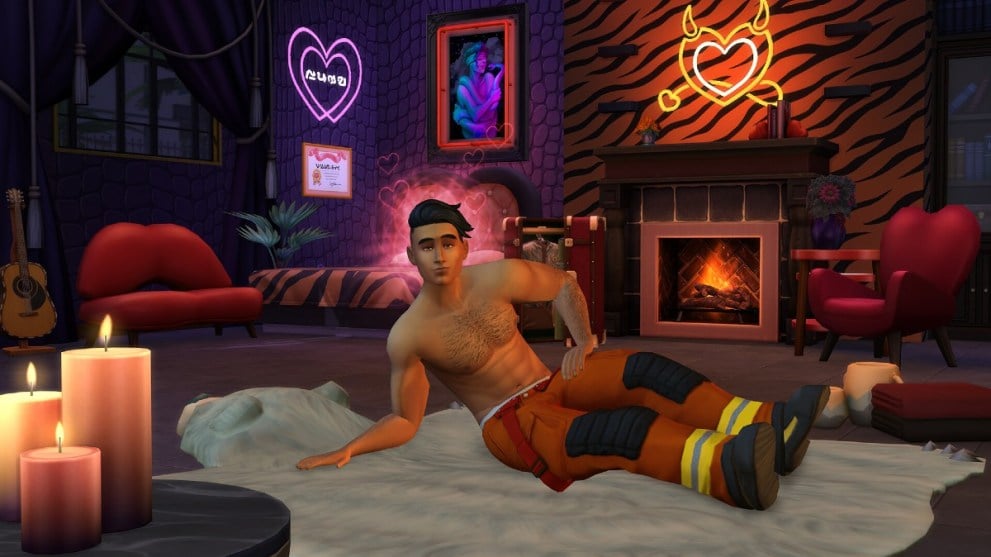 A Sim lounging around in Sims 4 Lovestruck.