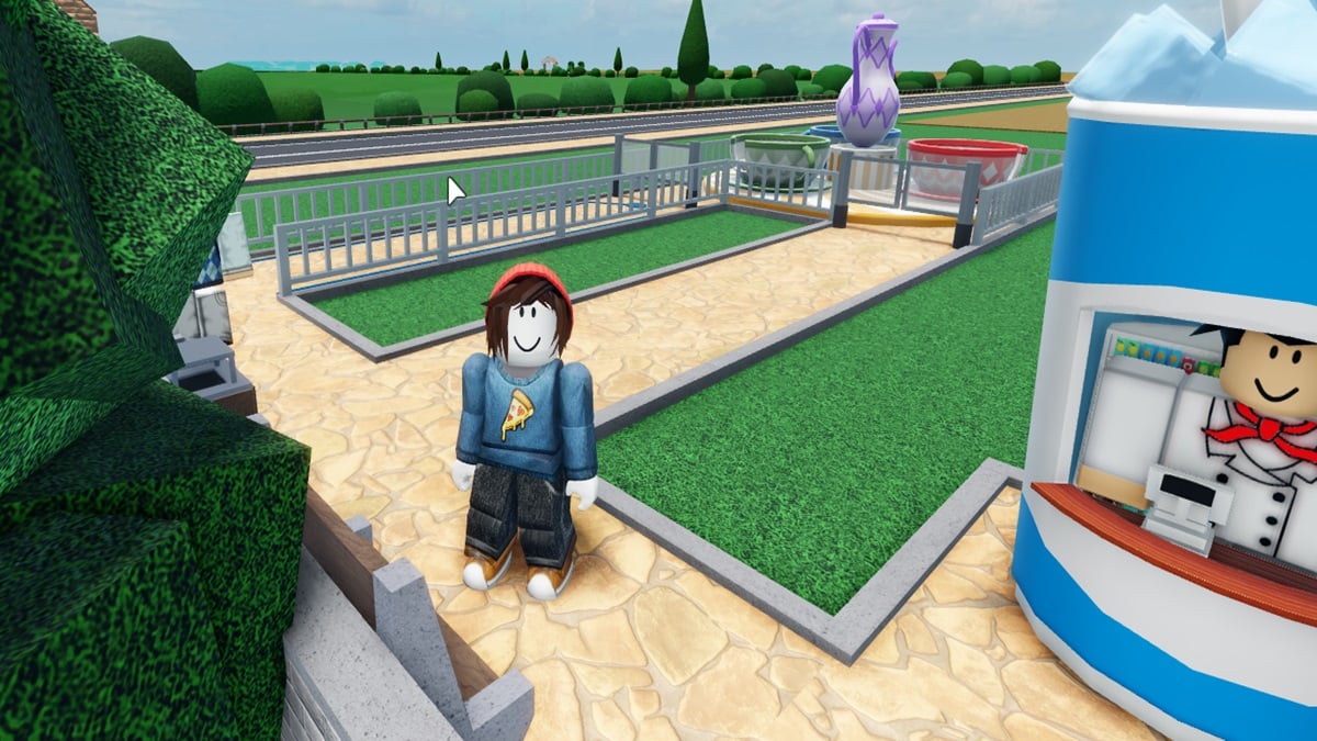 Theme Park Tycoon 2 Codes - Roblox character in front of a ride in a theme park