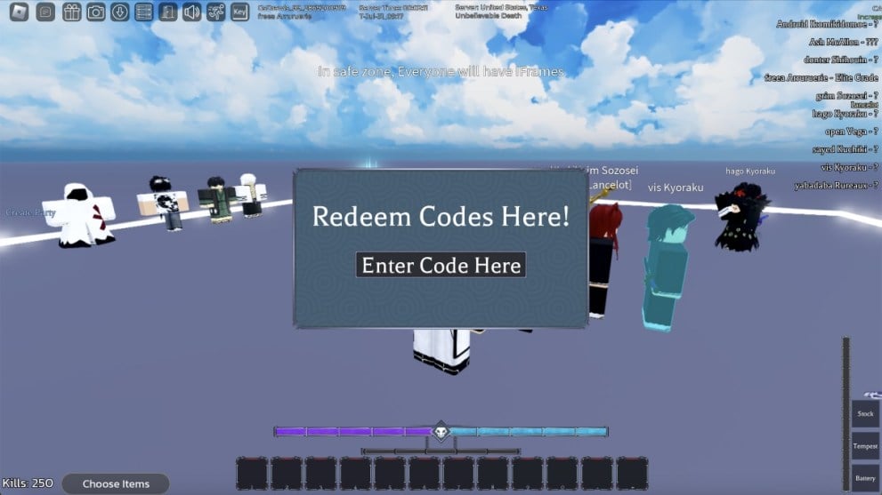 The code redemption screen in Type Soul Battlegrounds.